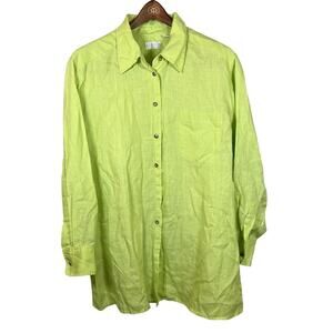 Elisabeth Women's Size 16 Button Up Shirt 100% Linen Long Sleeves Lime Green